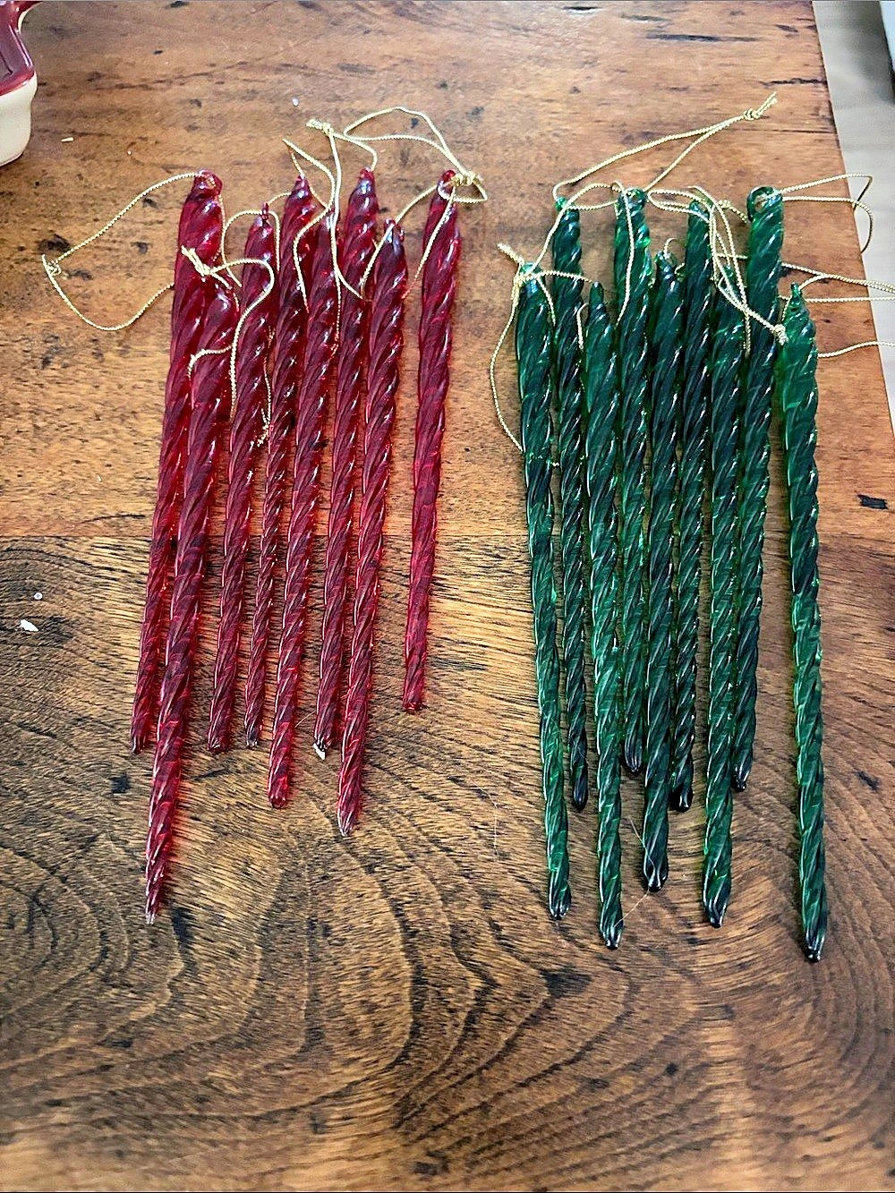 Vintage Mid Century Red and Green Twisted Spiral Icicle Ornaments Set of 17